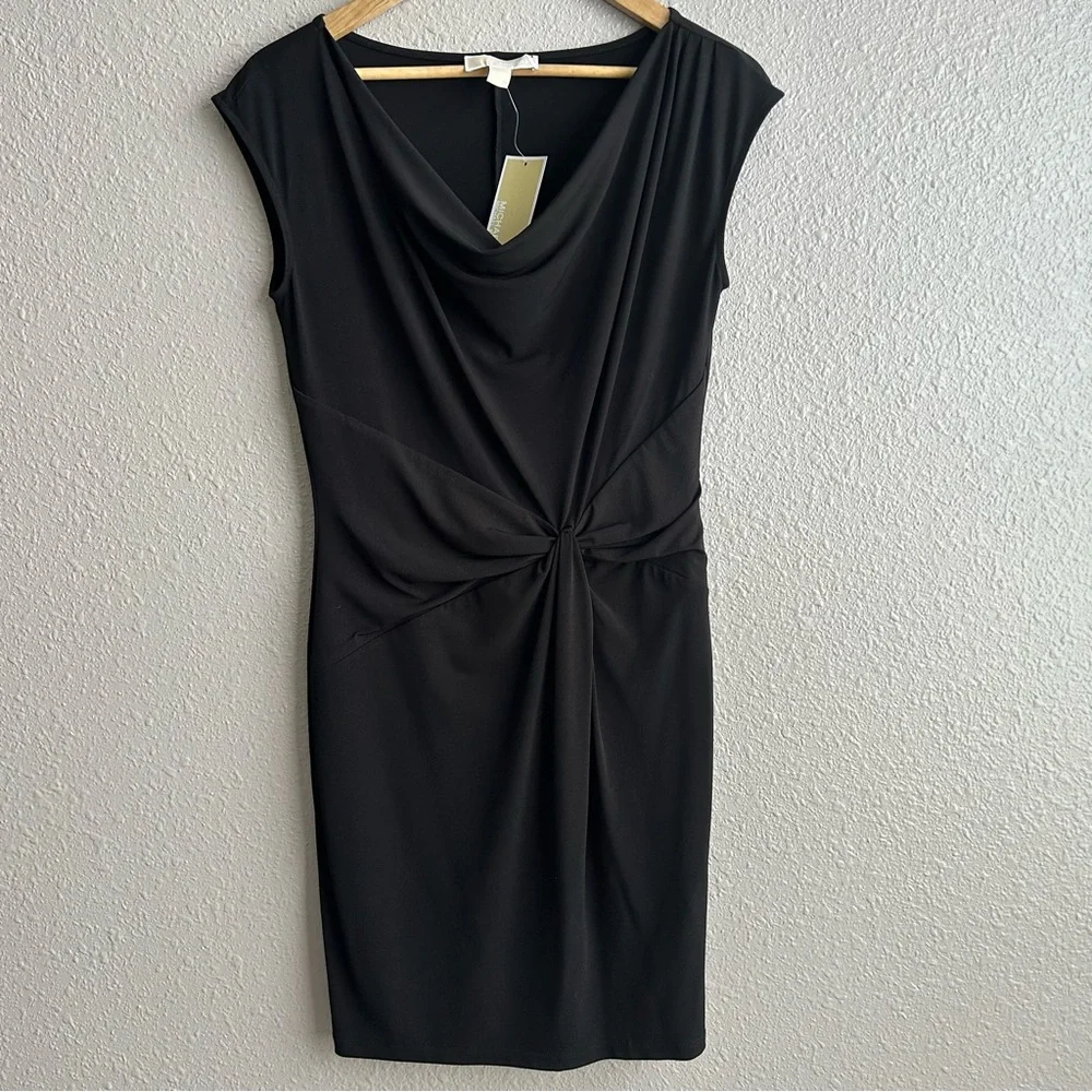 Michael Kors NEW Black short sleeve cowl neck knot tie waist cocktail dress‎ NWT